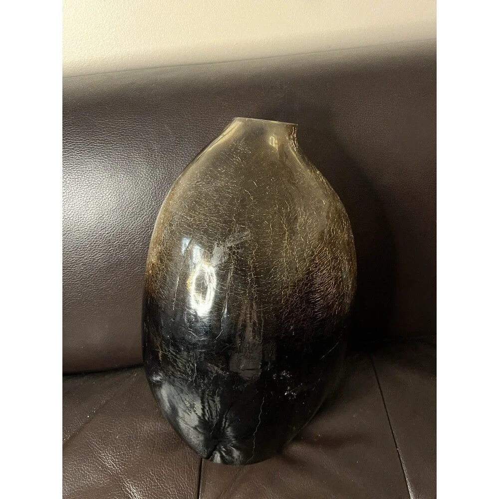 Italian Hand Blown Vase Murano Style 12” Amber Crackle Heavy Vintage